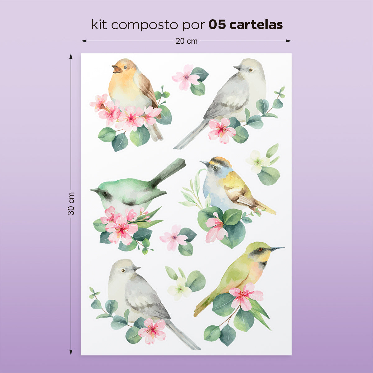 Cartela Adesiva Passarinhos Verde Aquarela