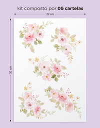 Cartela Adesiva Floral Rosa Aquarela