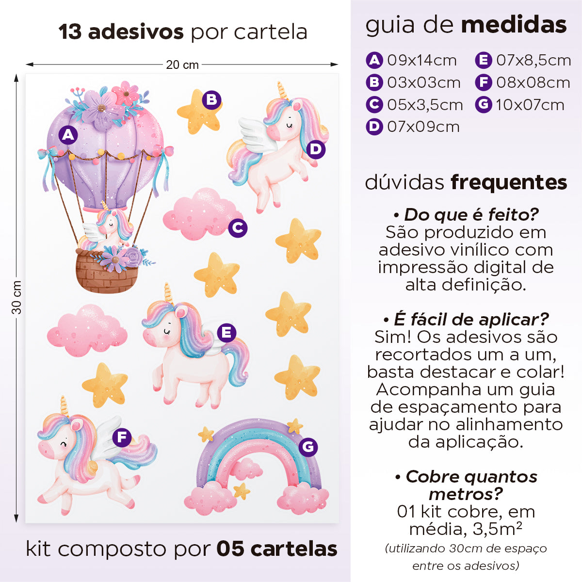 Cartela Adesiva Unicórnios e Balões