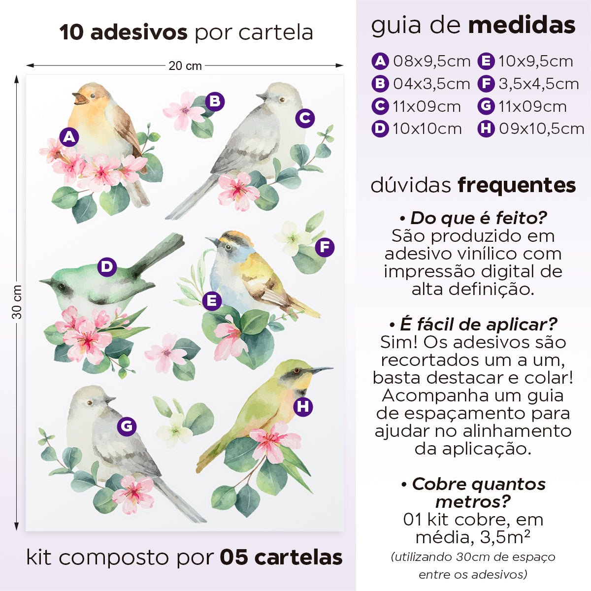 Cartela Adesiva Passarinhos Verde Aquarela