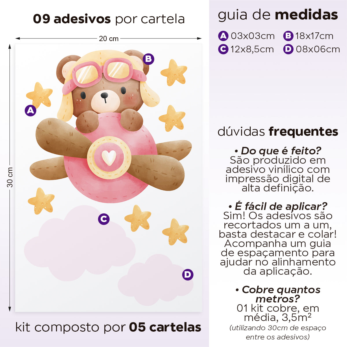 Cartela Adesiva Ursinho Aviador Rosa