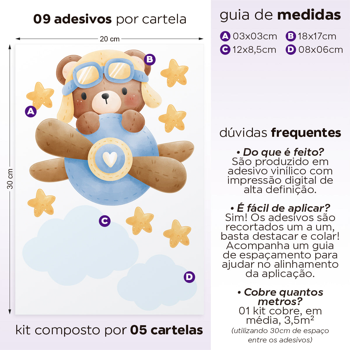 Cartela Adesiva Ursinho Aviador Azul