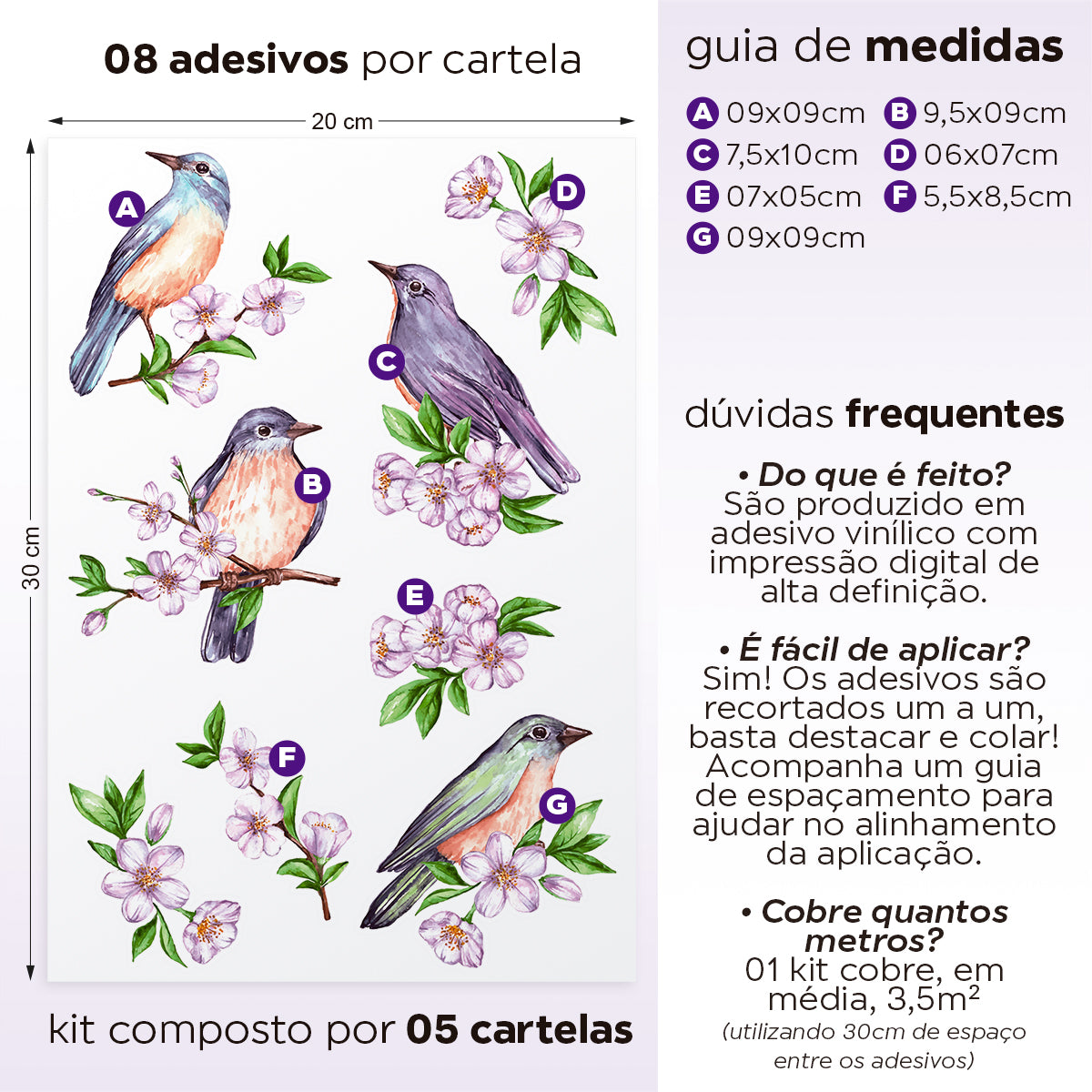 Cartela Adesiva Pássaros Aquarela