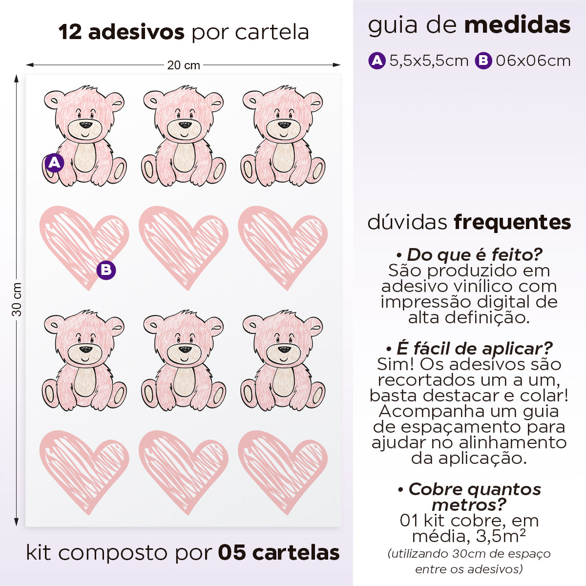 Cartela Adesiva Ursinhos e Corações Rosa