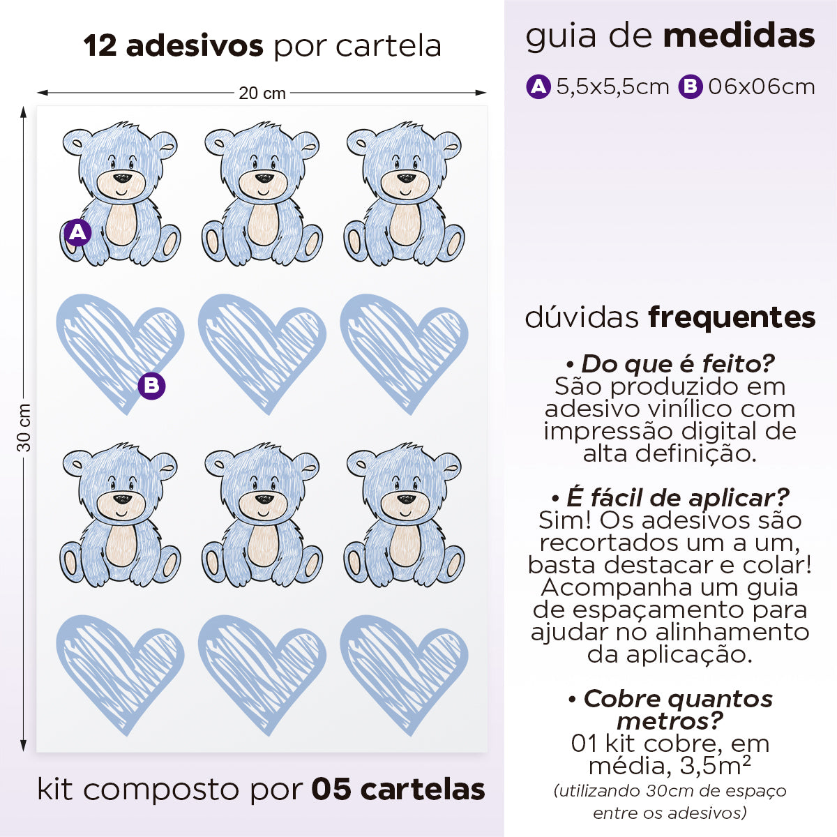 Cartela Adesiva Ursinhos e Corações Azuis