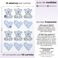 Cartela Adesiva Ursinhos e Corações Azuis