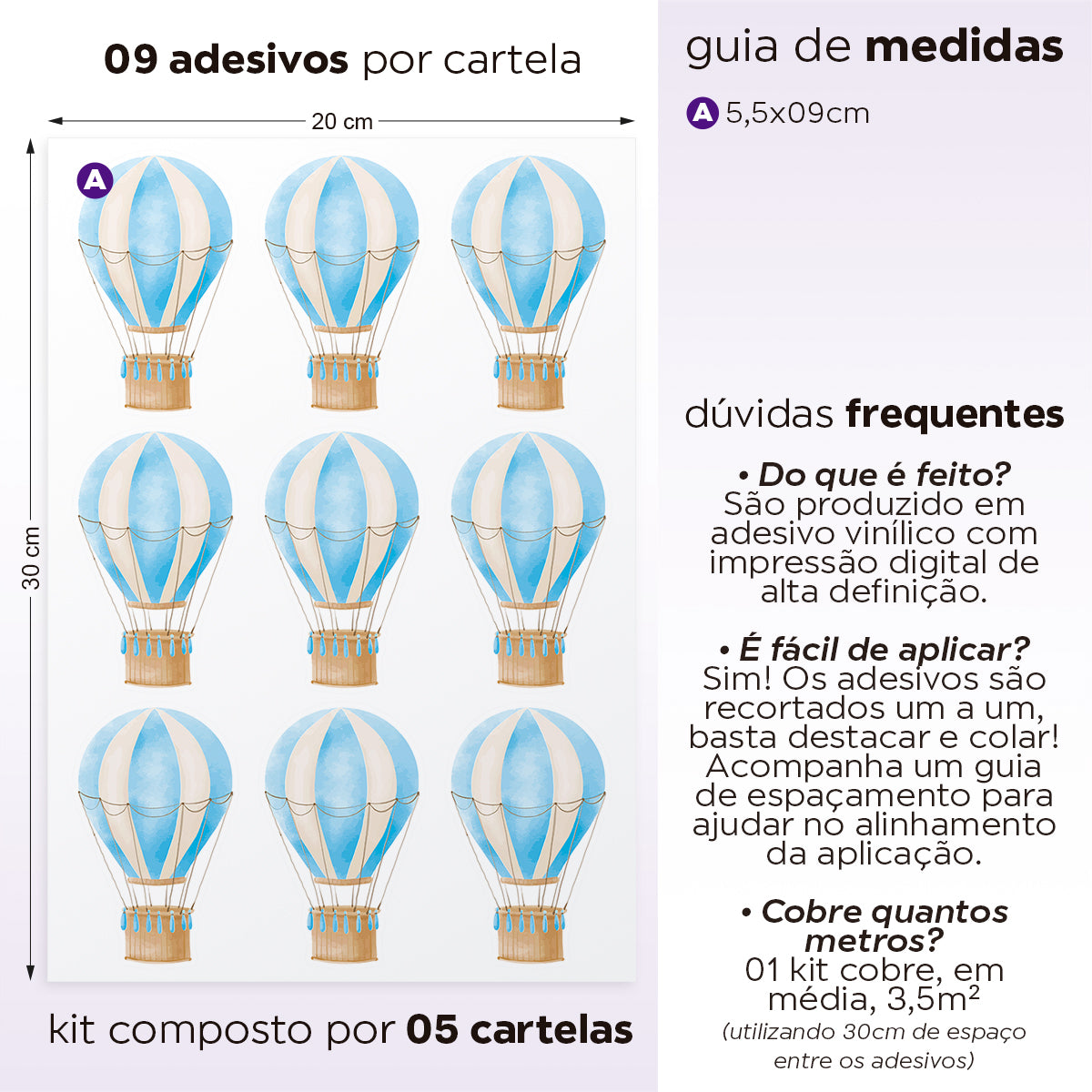 Cartela Adesiva Mini Balões Aquarela Azul Céu