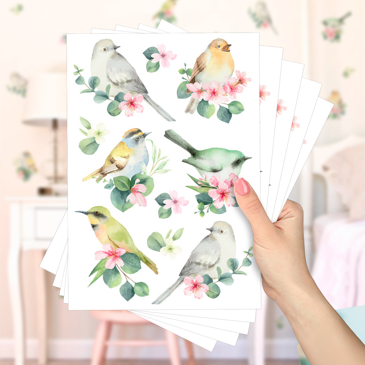 Cartela Adesiva Passarinhos Verde Aquarela