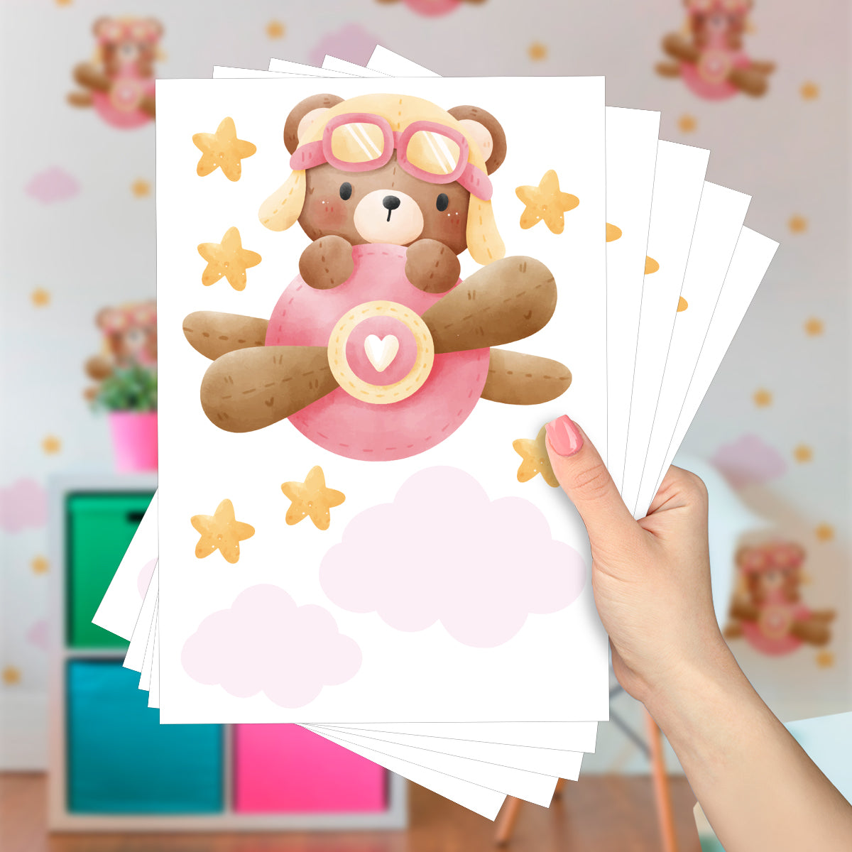 Cartela Adesiva Ursinho Aviador Rosa