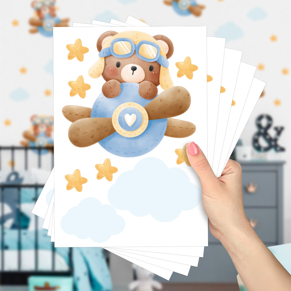 Cartela Adesiva Ursinho Aviador Azul