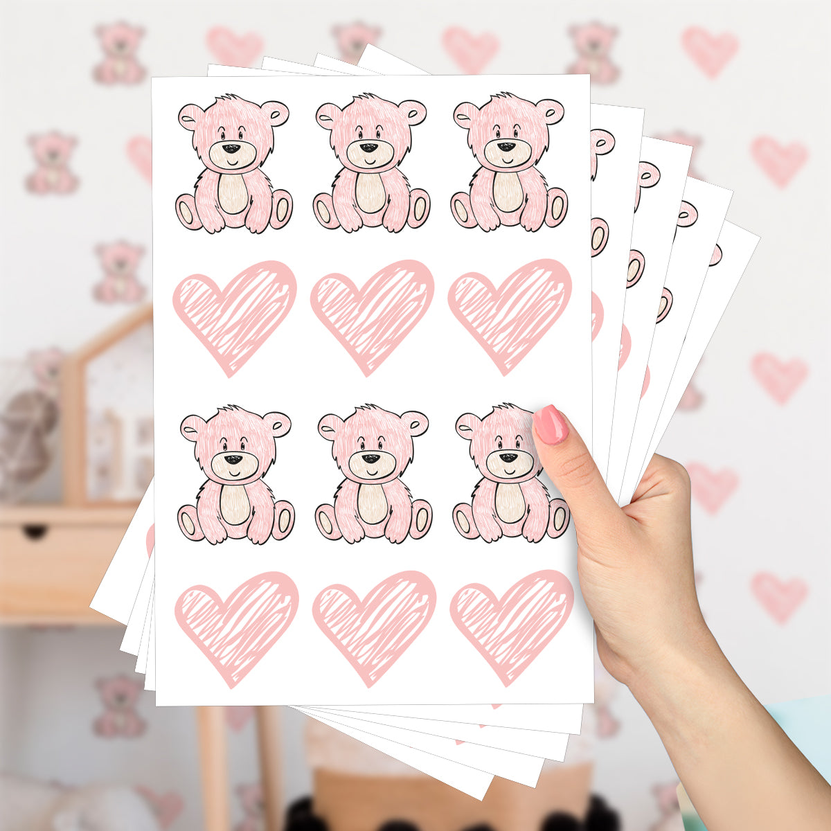 Cartela Adesiva Ursinhos e Corações Rosa