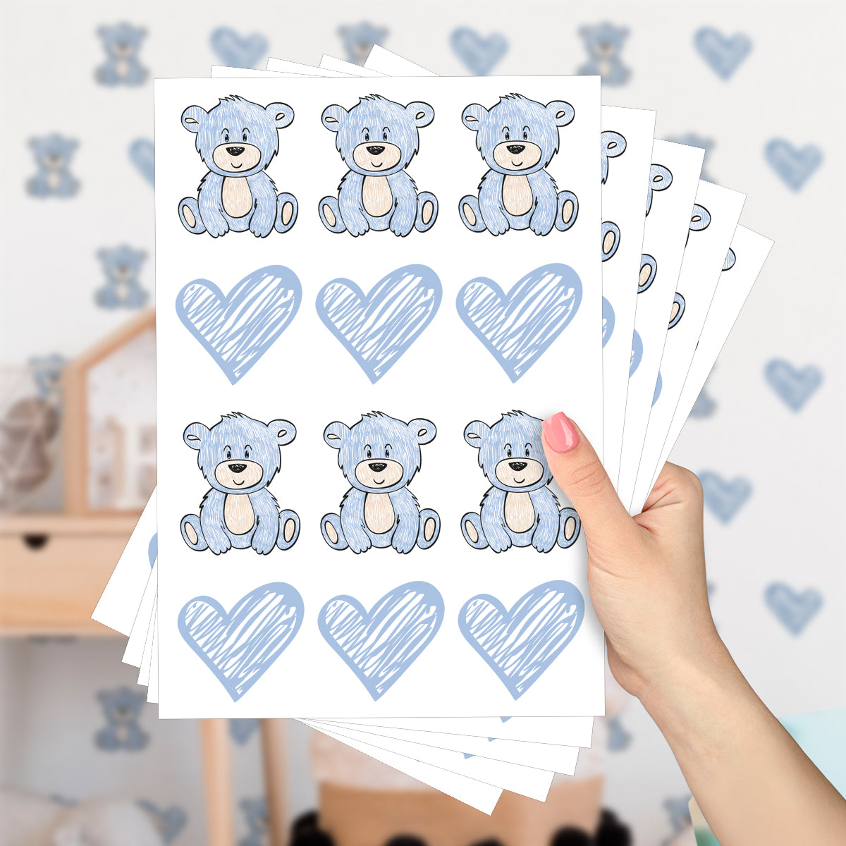 Cartela Adesiva Ursinhos e Corações Azuis