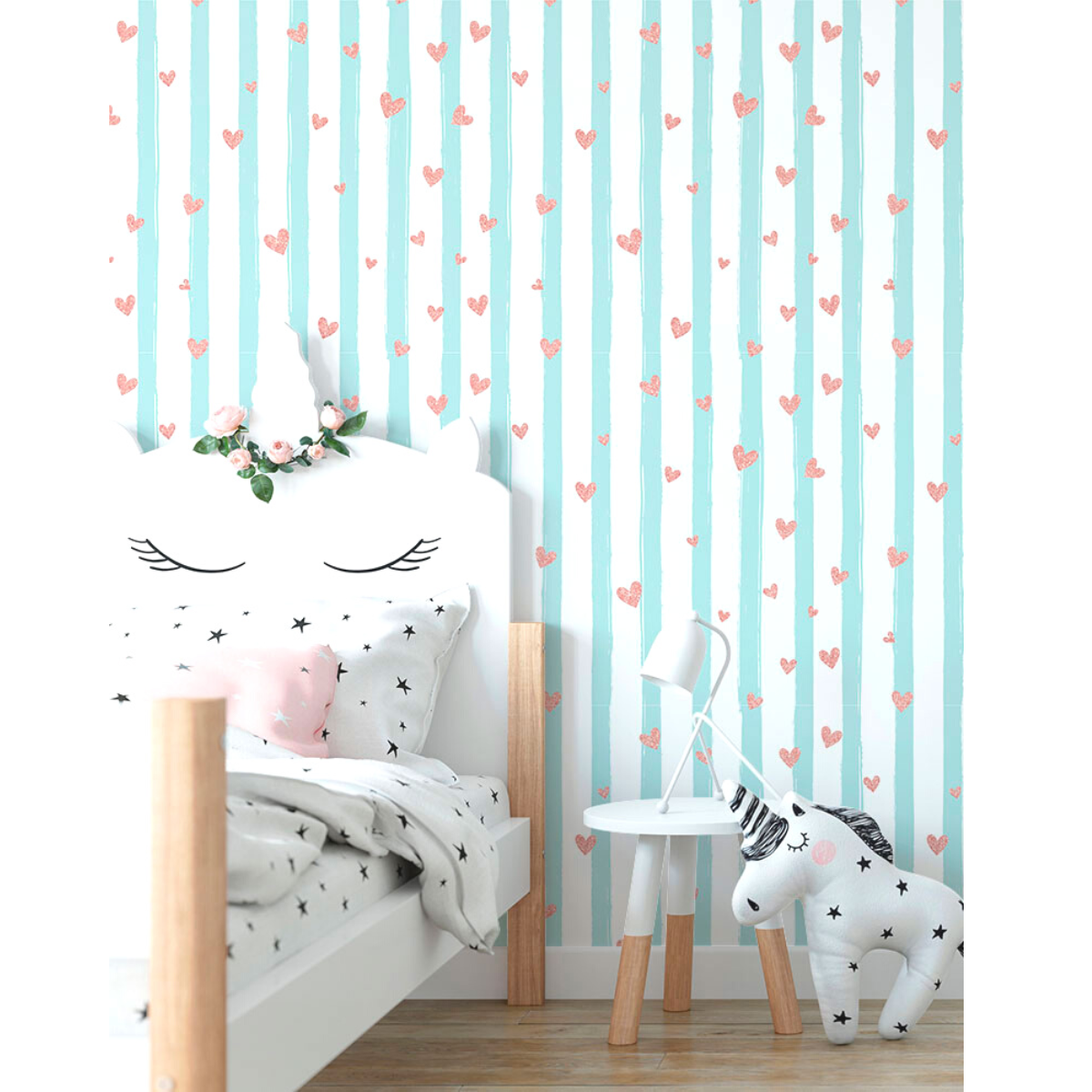 Papel de Parede Adesivo Listras Azuis E Corações De Glitter