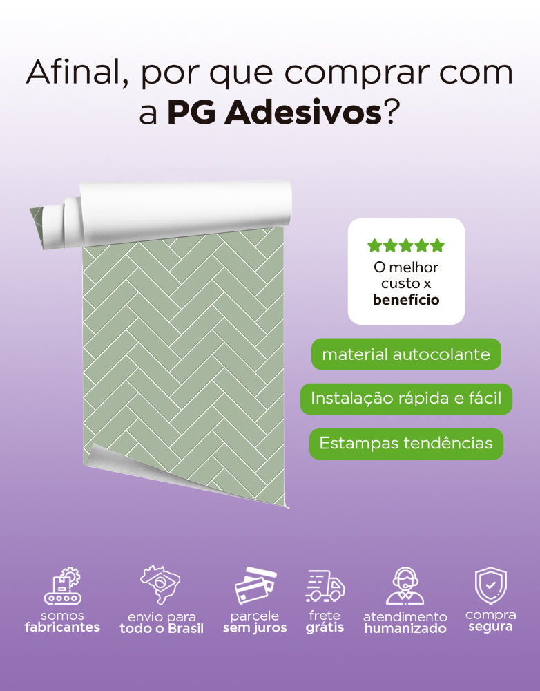 KIT DE 7 ROLOS - 1,00m x 50cm - Papel de Parede Adesivo Brick ZigZag Menta