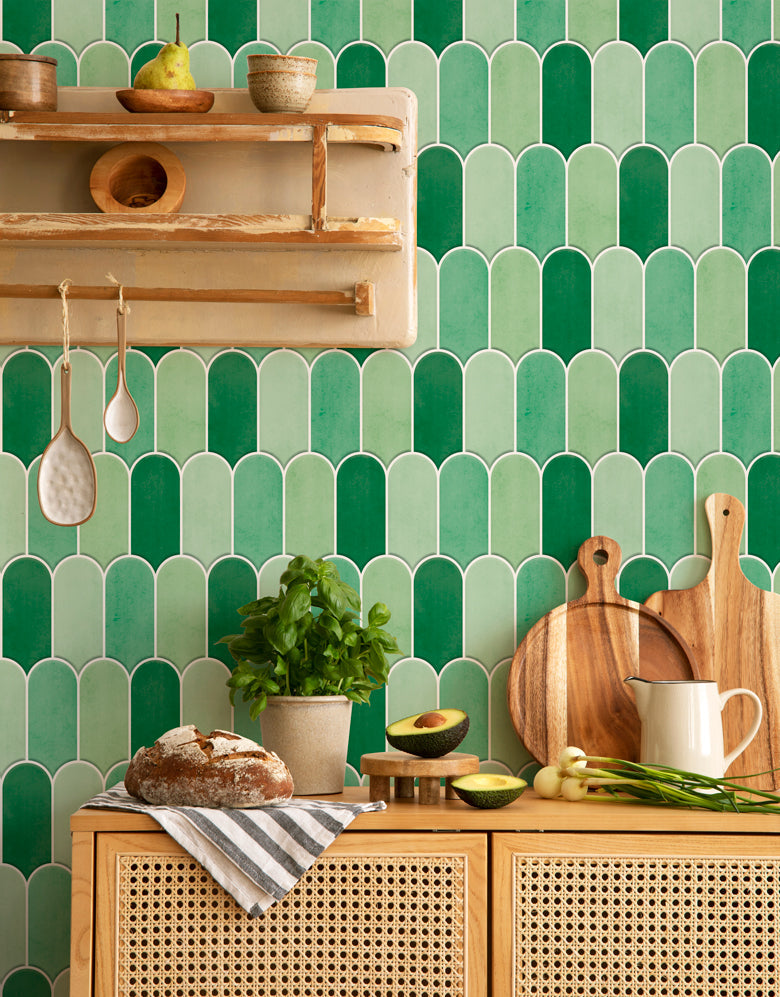 KIT DE 6 ROLOS - 2,50m x 50cm - Papel de Parede Adesivo Bricks Escamas Verde Folha
