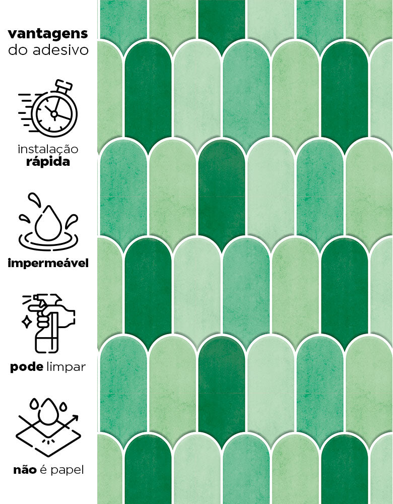 KIT DE 2 ROLOS - 3,00m x 50cm - Papel de Parede Adesivo Bricks Escamas Verde Folha