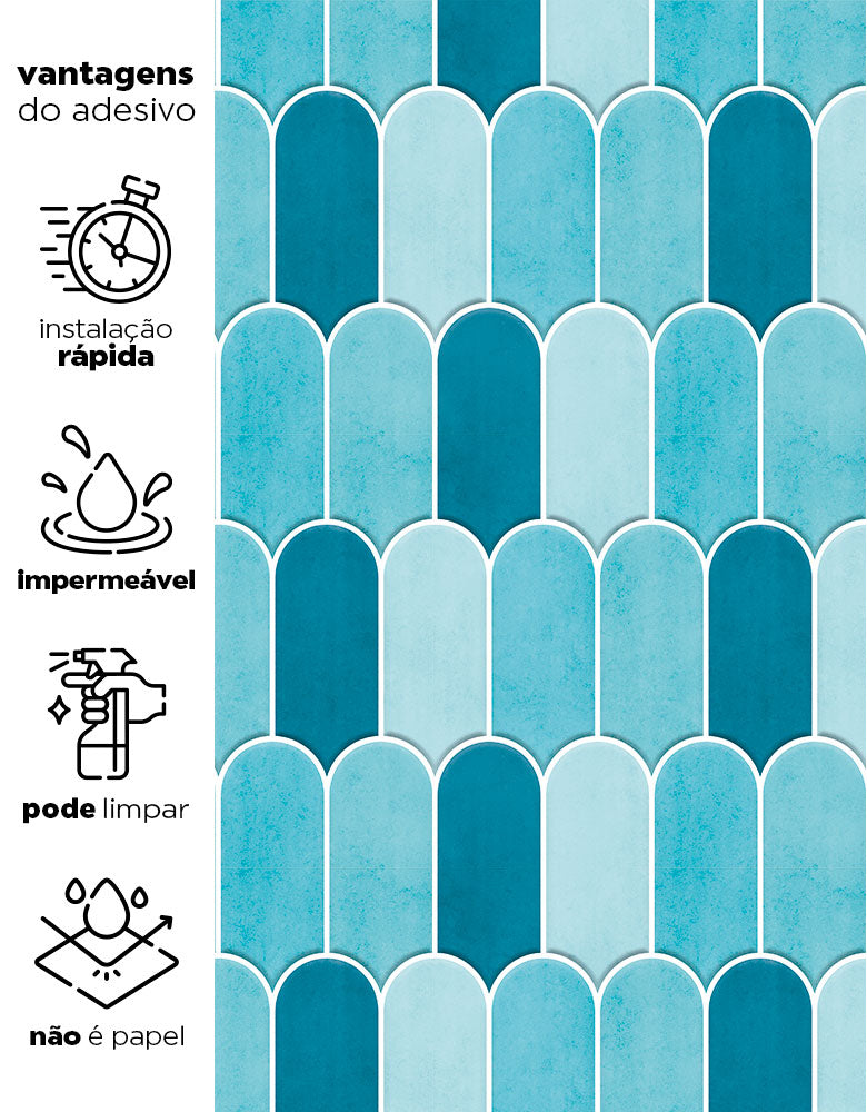 KIT DE 2 ROLOS - 3,00m x 50cm - Papel de Parede Adesivo Bricks Escamas Céu Azul