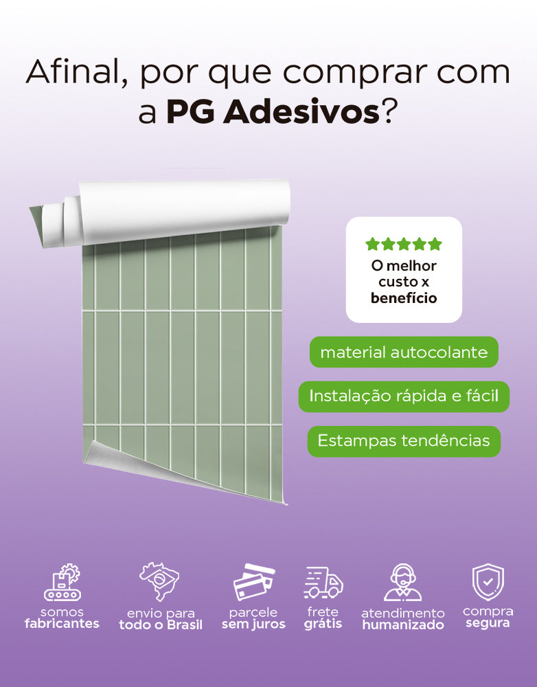 KIT DE 9 ROLOS - 2,50m x 50cm - Papel de Parede Adesivo Brick Vertical Menta