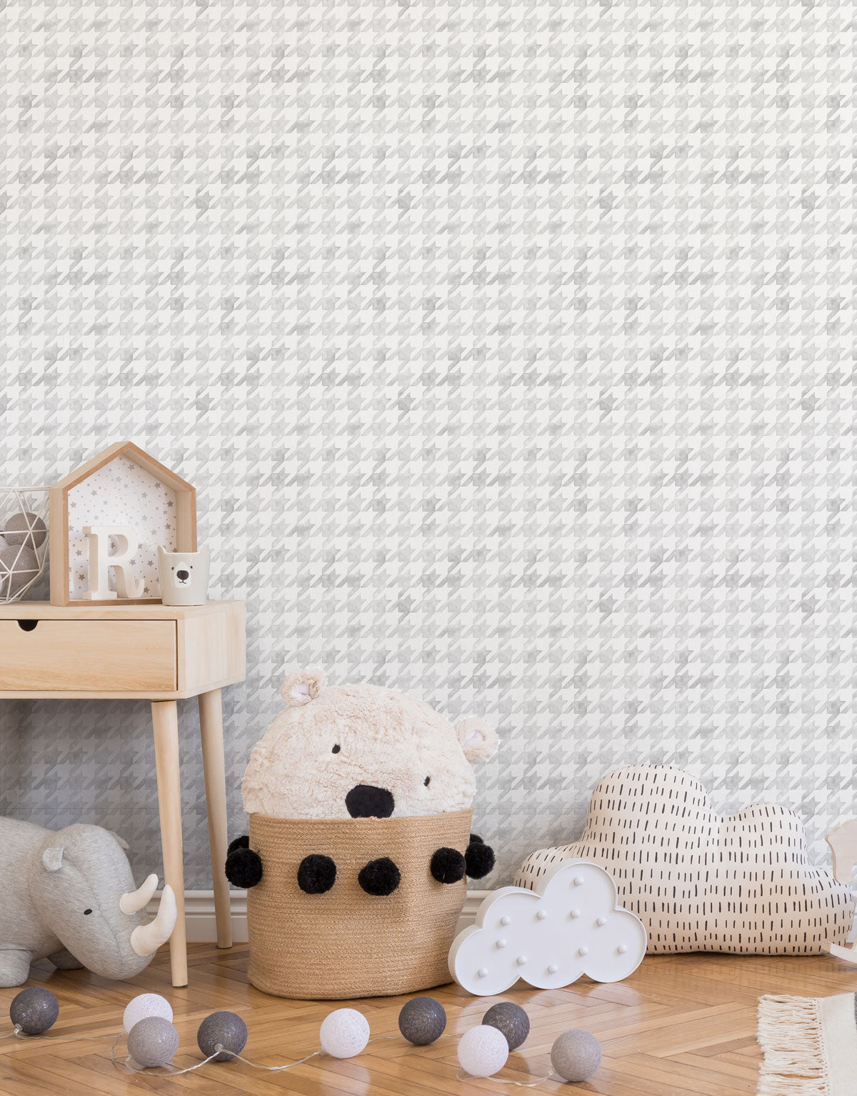 Papel de Parede Adesivo Pied de Poule Cinza Aquarela