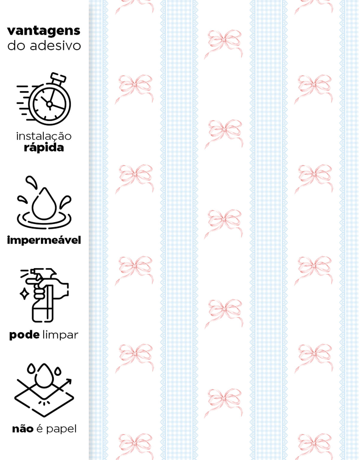 Papel de Parede Adesivo Laços Rosa Listrado Xadrez Azul