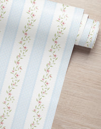 Papel de Parede Adesivo Ramo Floral Listrado Azul