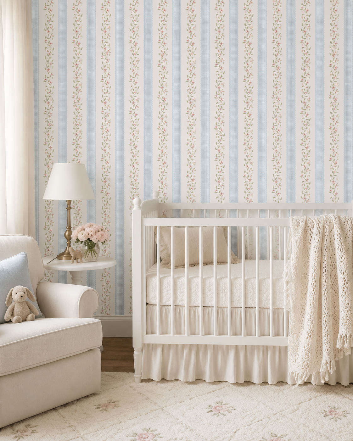 Papel de Parede Adesivo Ramo Floral Listrado Azul