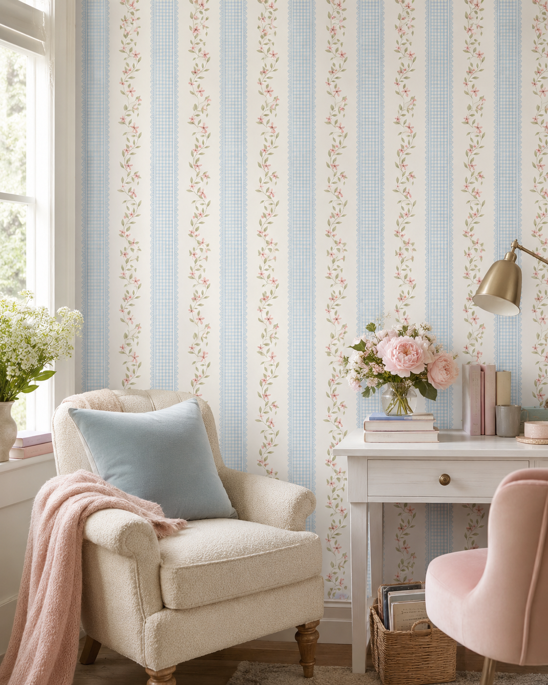 Papel de Parede Adesivo Ramo Floral Listrado Azul