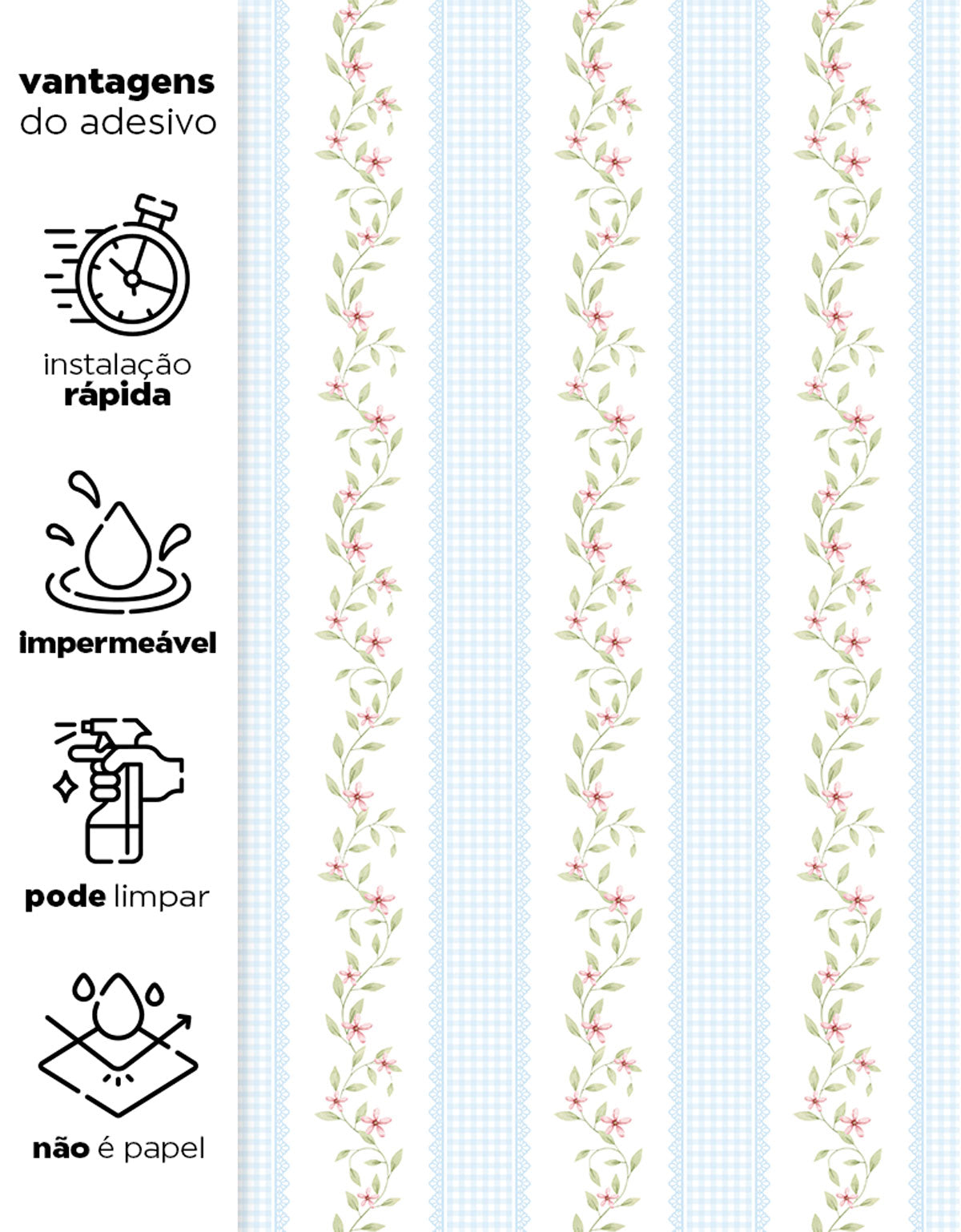 Papel de Parede Adesivo Ramo Floral Listrado Azul