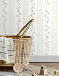 Papel de Parede Adesivo Ramo Floral Listrado Verde