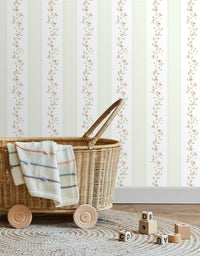 Papel de Parede Adesivo Ramo Floral Listrado Verde