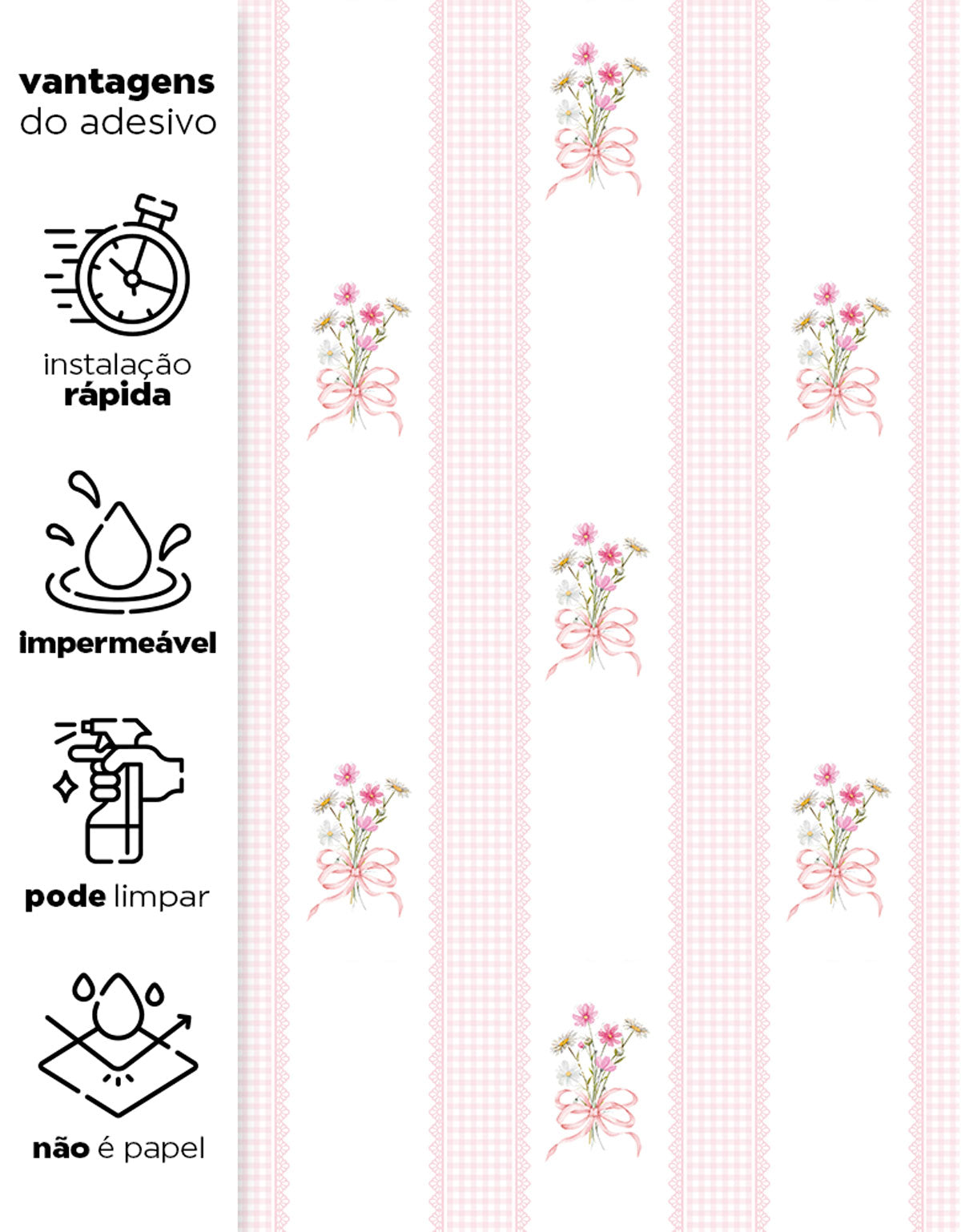 Papel de Parede Adesivo Buquê de Flor Listrado Rosa
