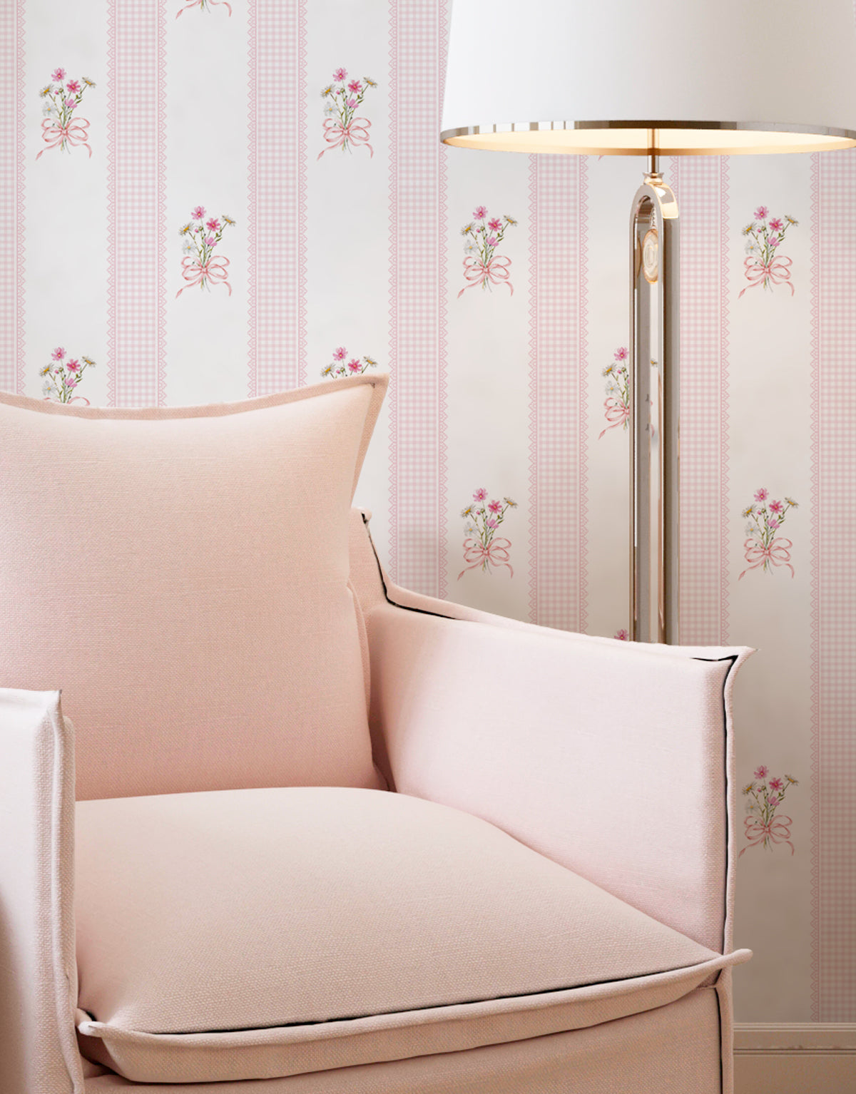 Papel de Parede Adesivo Buquê de Flor Listrado Rosa