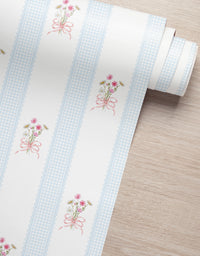 Papel de Parede Adesivo Buquê de Flor Listrado Azul