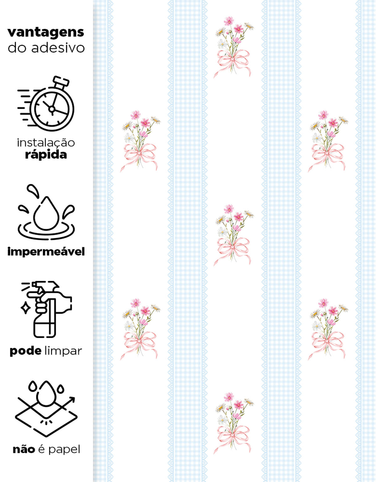 Papel de Parede Adesivo Buquê de Flor Listrado Azul