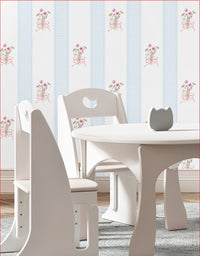 Papel de Parede Adesivo Buquê de Flor Listrado Azul