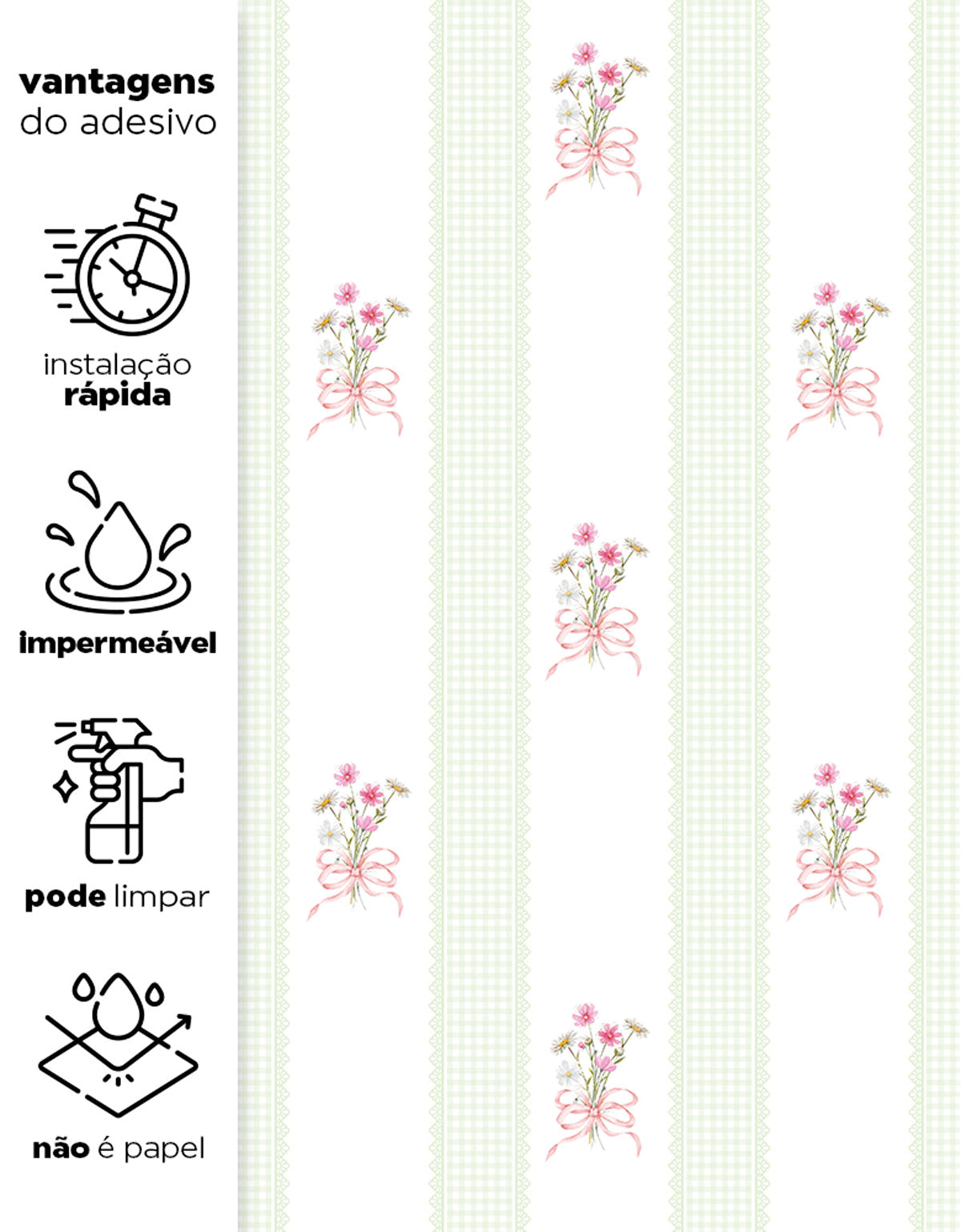 Papel de Parede Adesivo Buquê de Flor Listrado Verde