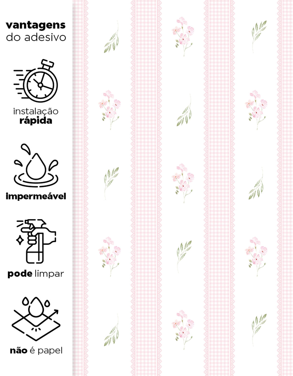 Papel de Parede Adesivo Floral Rosa Listrado Provençal