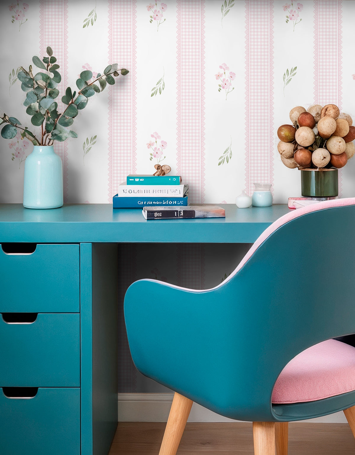 Papel de Parede Adesivo Floral Rosa Listrado Provençal