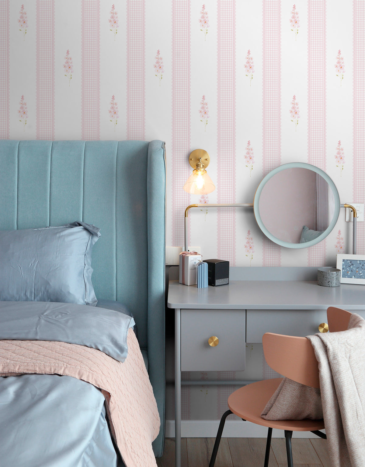 Papel de Parede Adesivo Floral Listrado Rosa