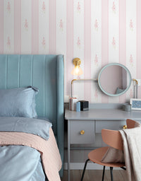 Papel de Parede Adesivo Floral Listrado Rosa