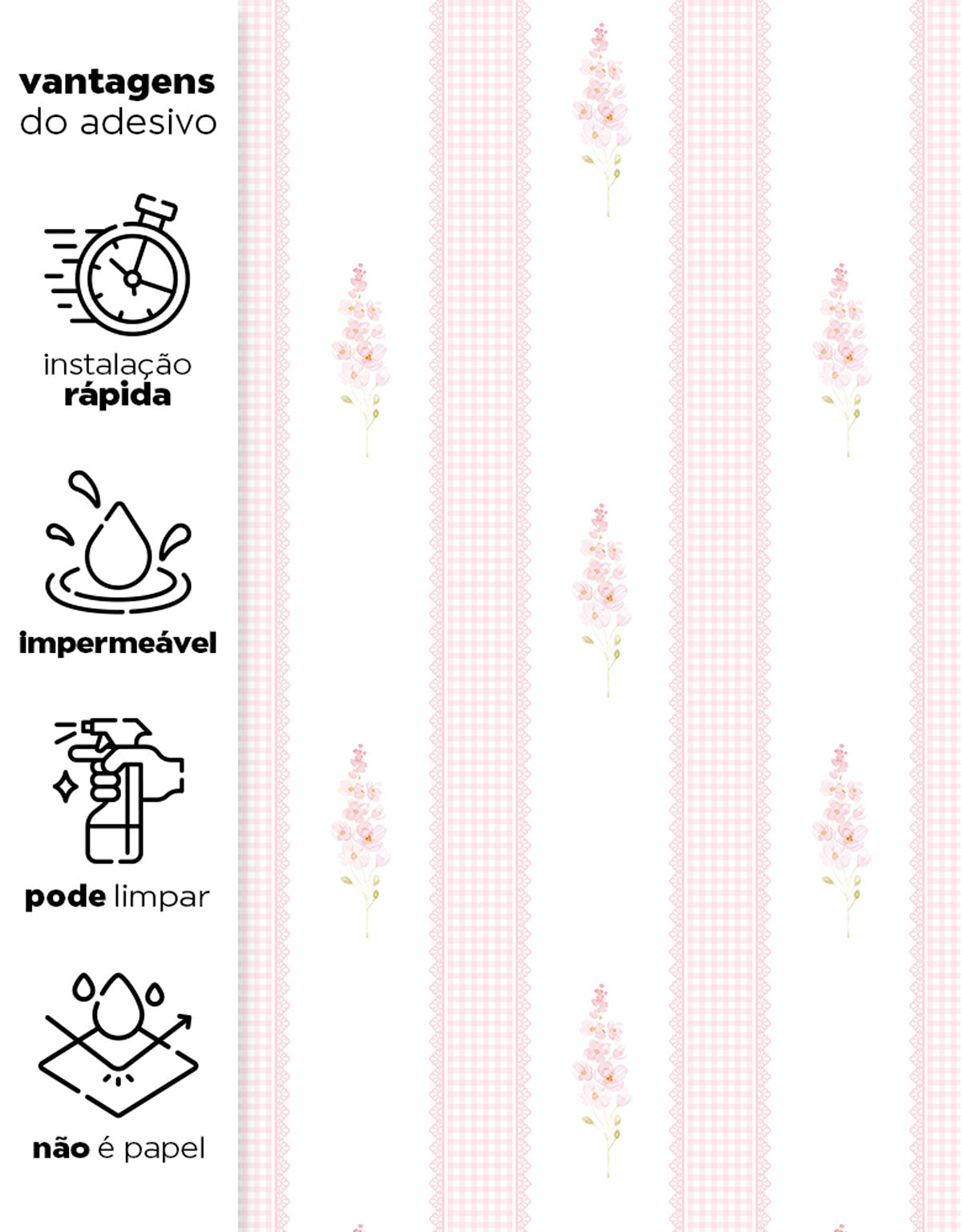 Papel de Parede Adesivo Floral Listrado Rosa