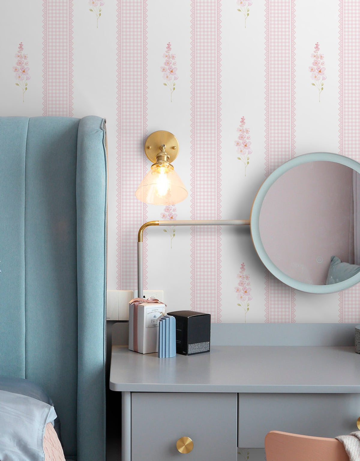 Papel de Parede Adesivo Floral Listrado Rosa