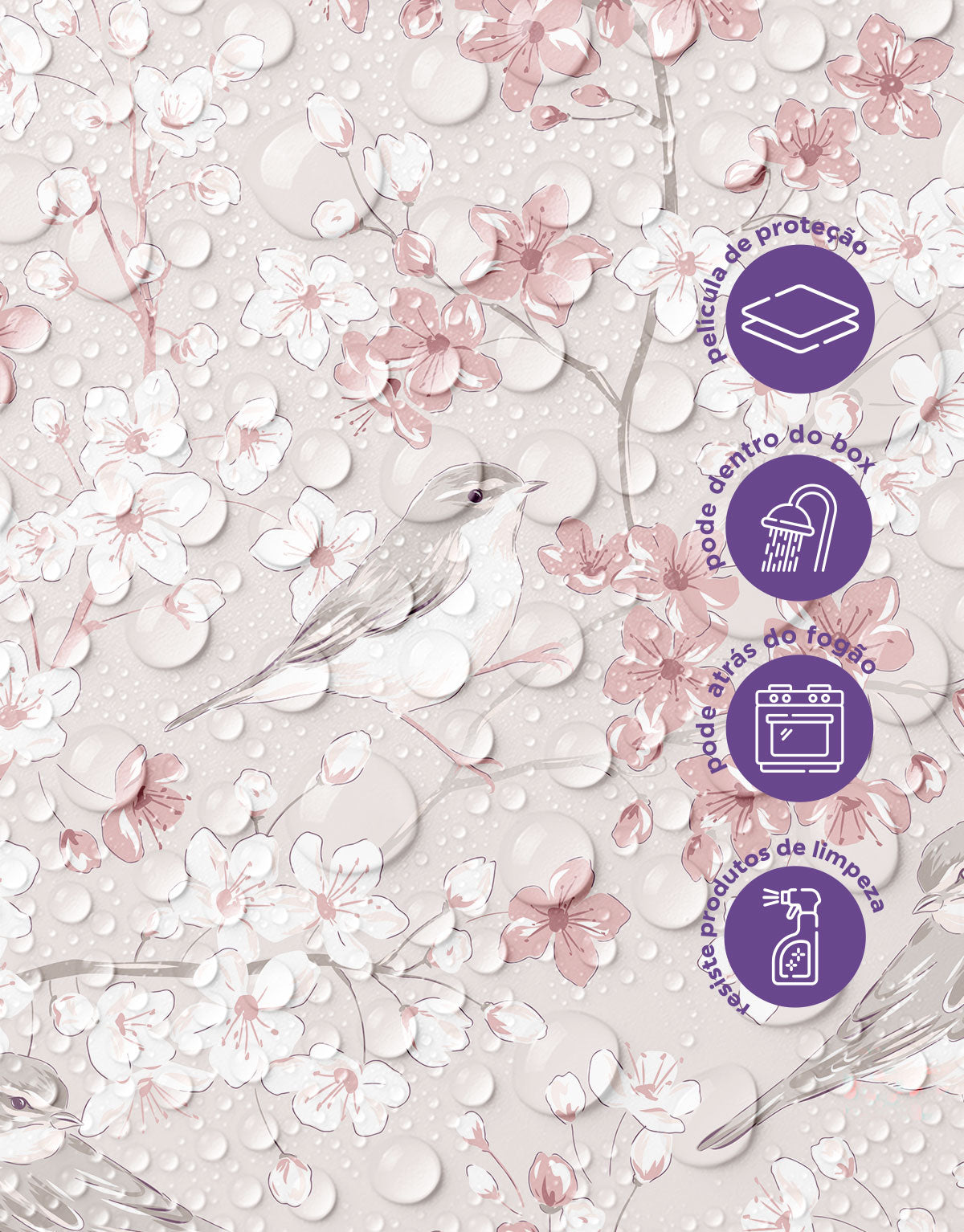 Papel de Parede Adesivo Floral Rosa com Pássaros