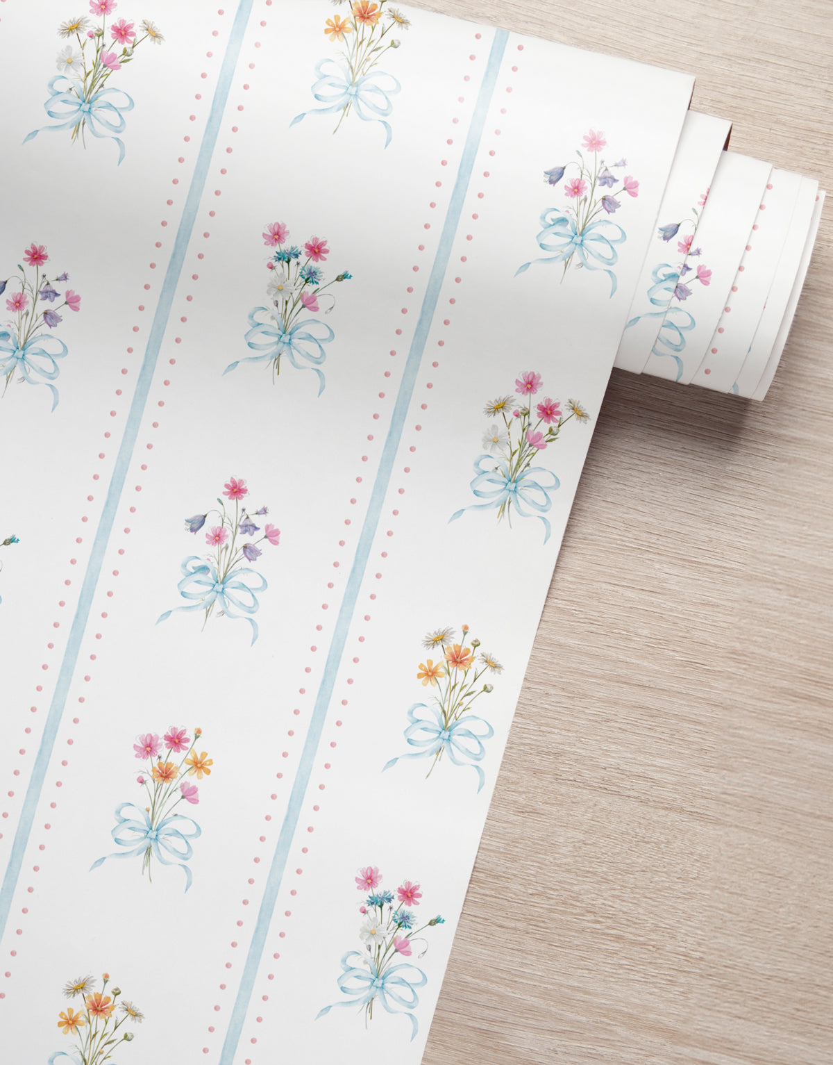 Papel de Parede Adesivo Floral Buquês Listrado Azul