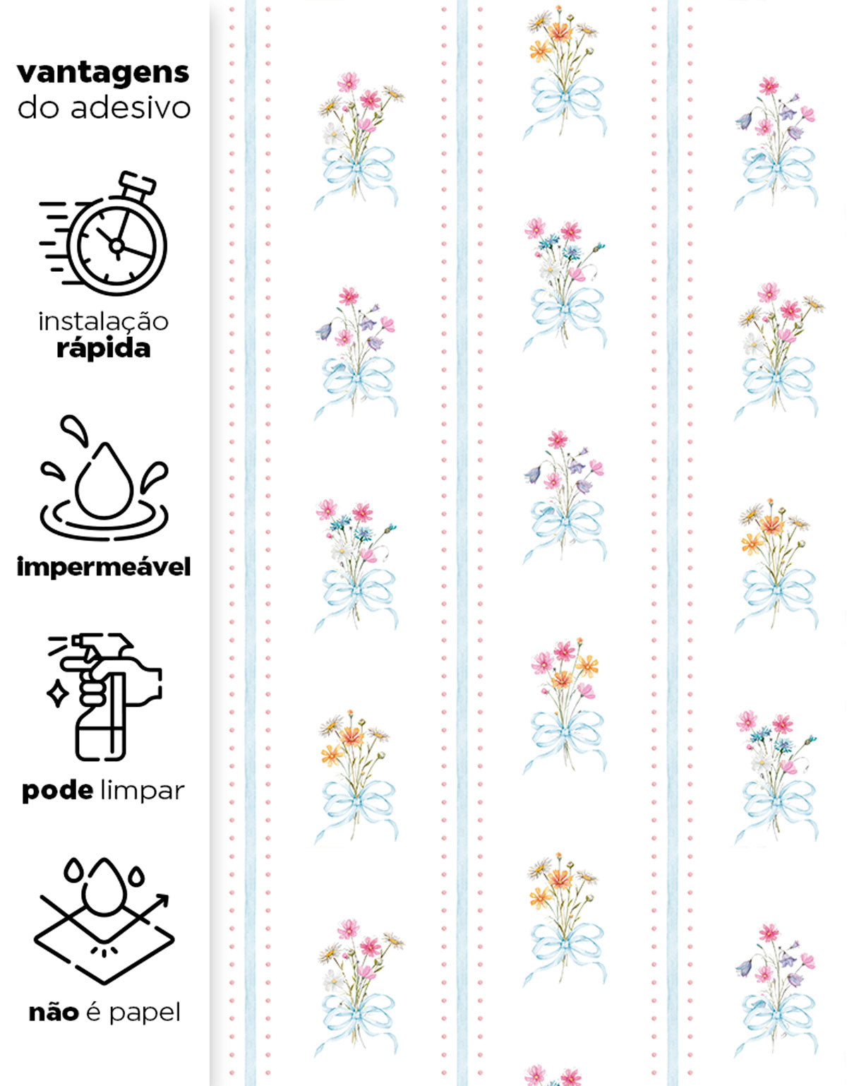 Papel de Parede Adesivo Floral Buquês Listrado Azul
