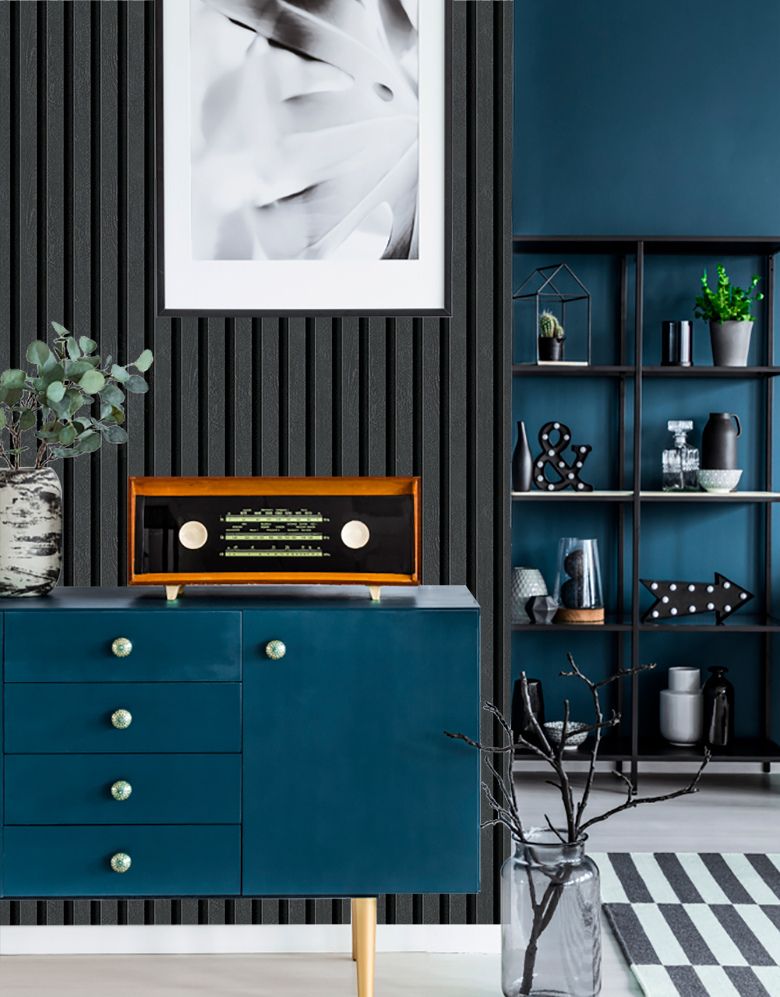 Papel de Parede Madeira Ripada Fina Grafito