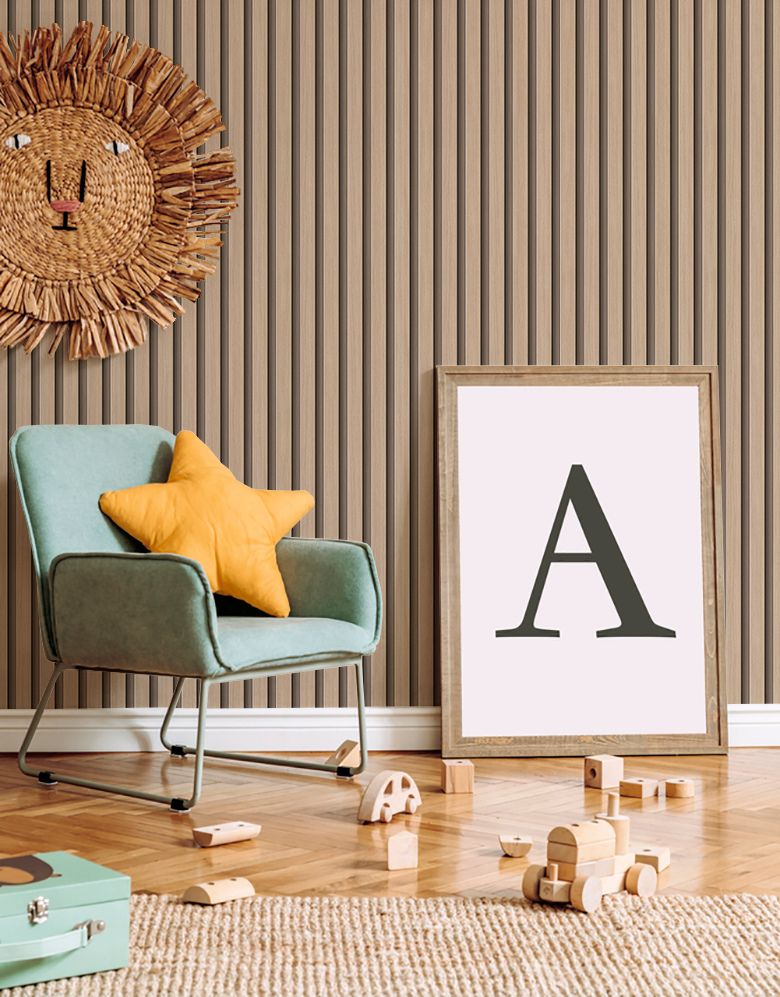 KIT DE 5 ROLOS - 1,00m x 50cm - Papel de Parede Madeira Ripada Fina Amêndoa