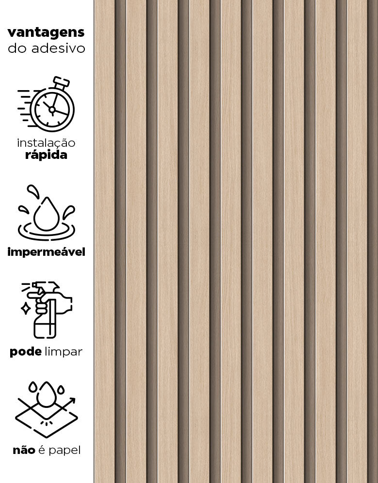 KIT DE 5 ROLOS - 1,00m x 50cm - Papel de Parede Madeira Ripada Fina Amêndoa