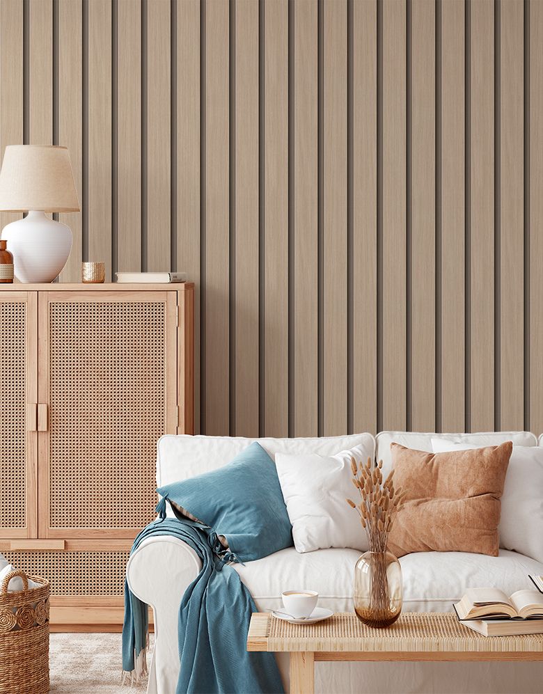 Papel de Parede Madeira Ripada Larga Amêndoa