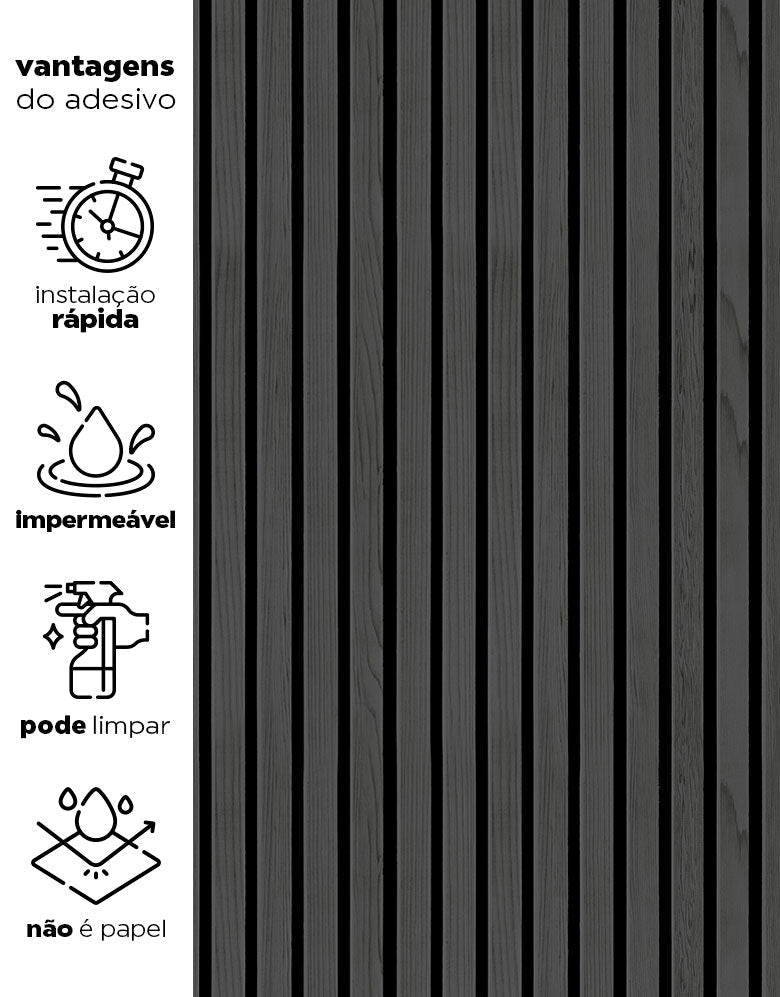 KIT DE 6 ROLOS - 3,00m x 50cm - Papel de Parede Madeira Ripada Preta